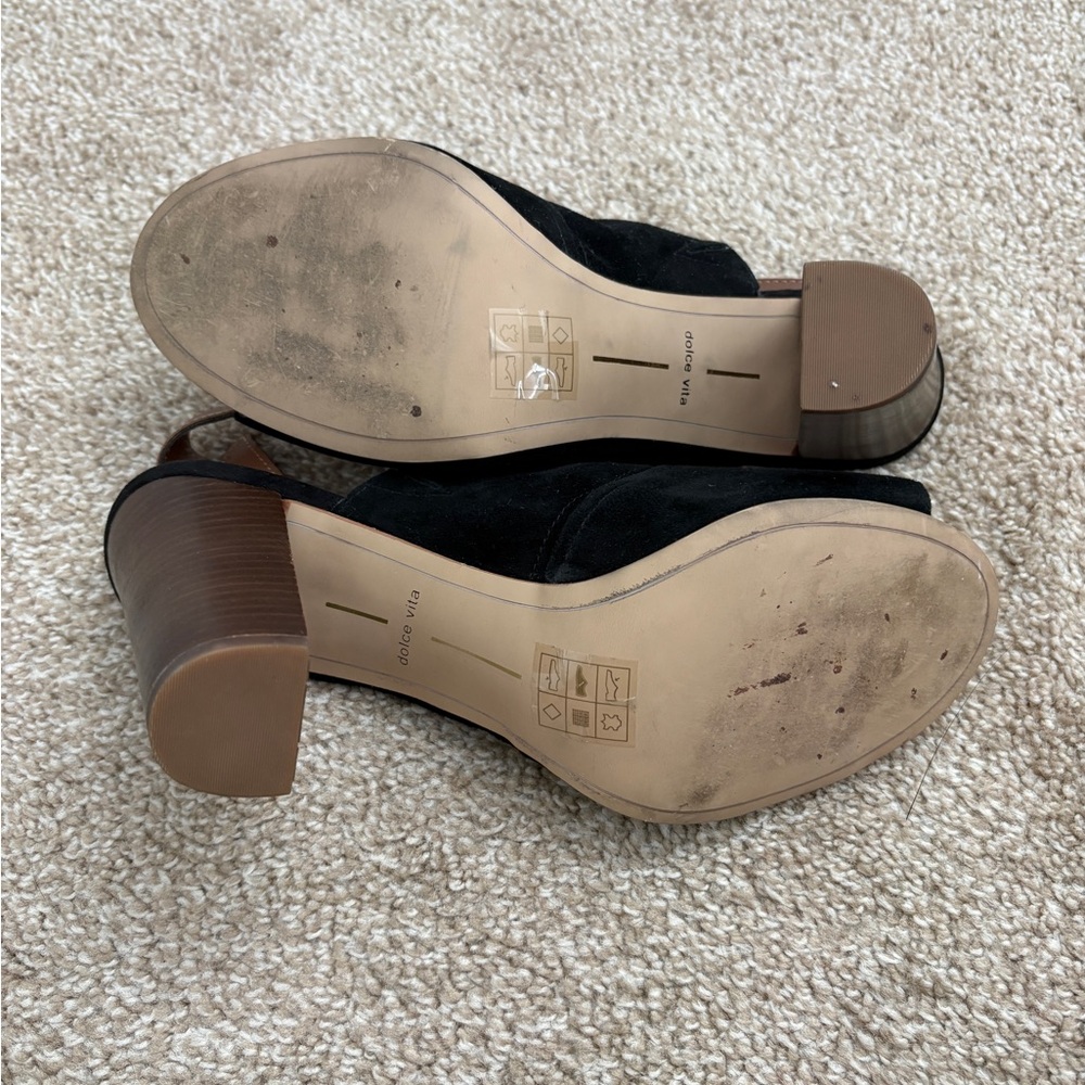 Dolce Vita Black Suede Slingback Peep Toe Mule Heels Y2K Style Boho - Picture 7 of 8
